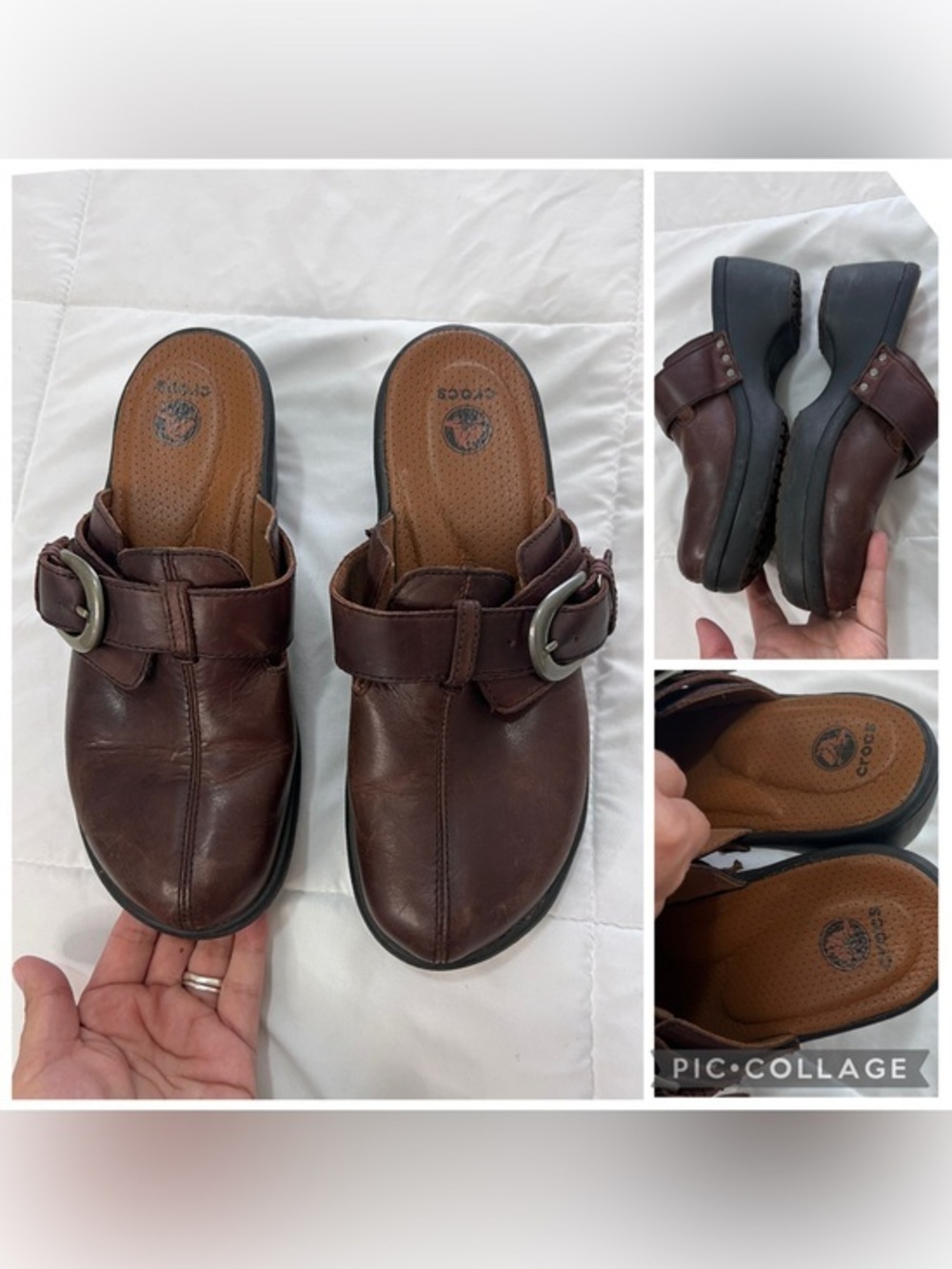 Crocs Born Dark Brown Leather Clog Mule with Buckle shoes size 8